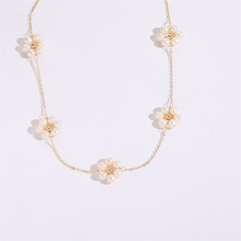 14K Gold Plated Flower and Freshwater Pearl Copper Necklace