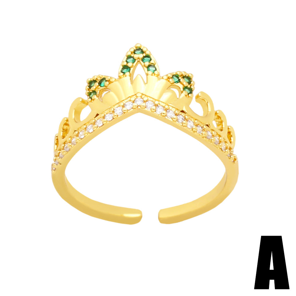 Fashion Heart Crown Zircon Gold Plated Open Ring