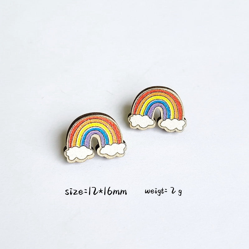 1 Pair Cartoon Style Book Rainbow Apple Wood Printing Women'S Ear Studs