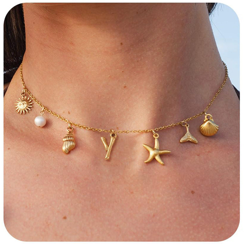 Copper Sun Starfish Pendant Necklace - Summer Beach Shell Choker