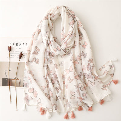 Butterfly Sprinkle Gold Pink Tassel Scarf Shawl for Women