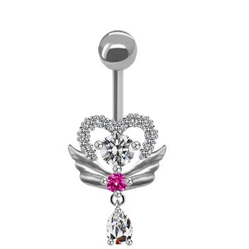 Streetwear Heart Shape Zircon Inlay White Gold Plated Belly Ring