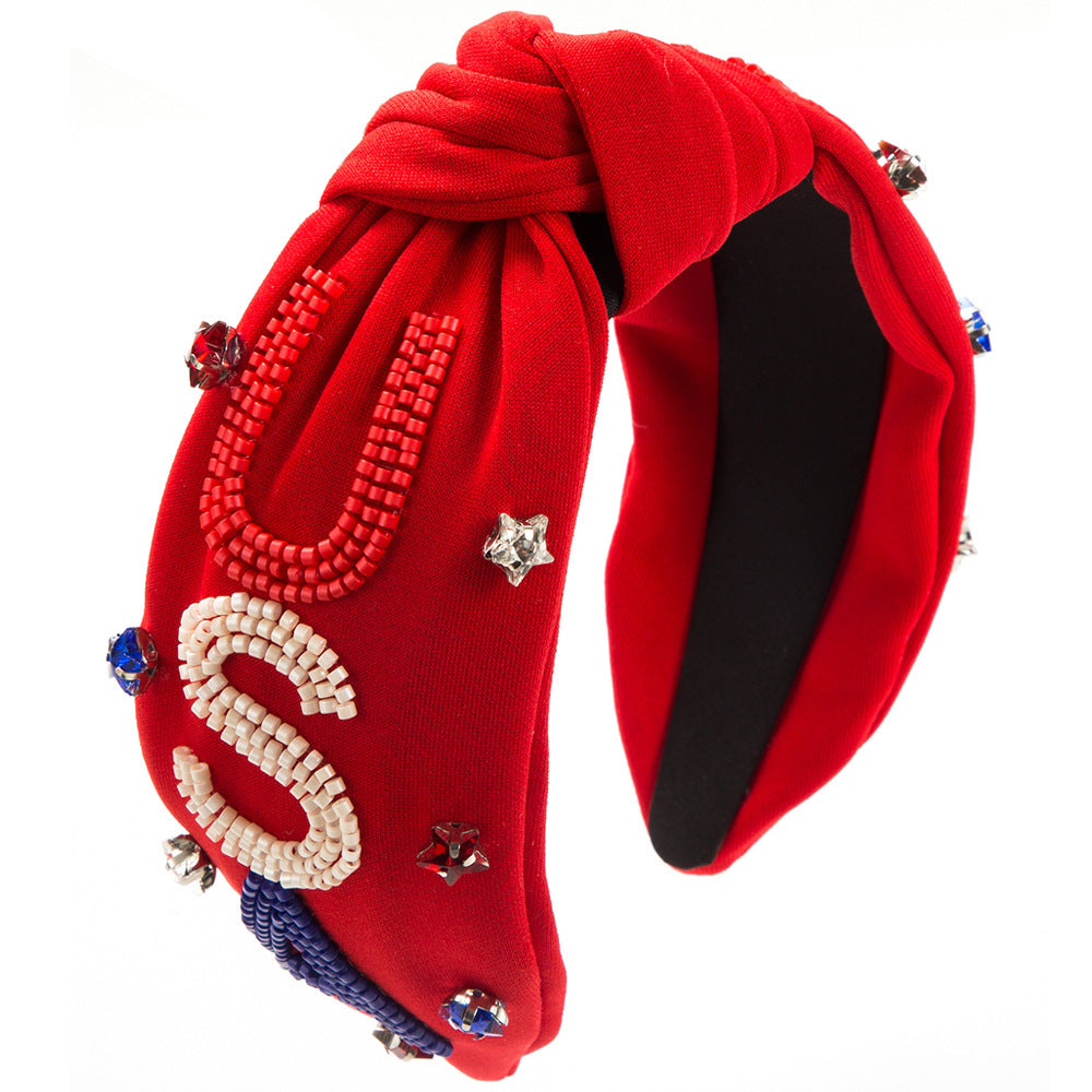 Women's Classic Letter Star Beaded Rhinestone Hairband - USA Flag Design