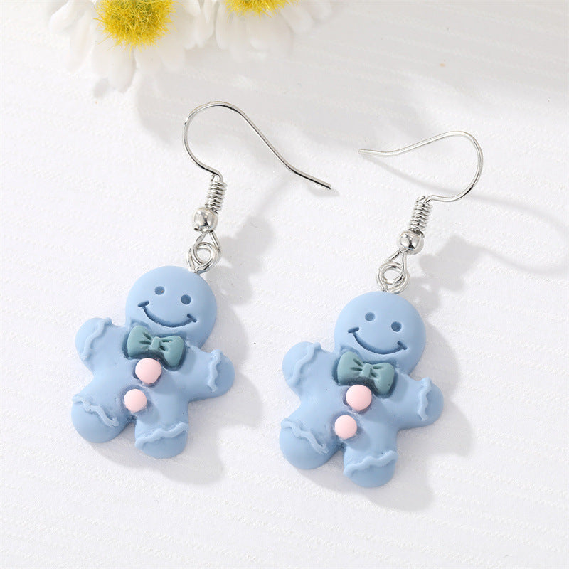 Cartoon Gingerbread Man Resin Earrings with Bow - Three-Dimensional Design