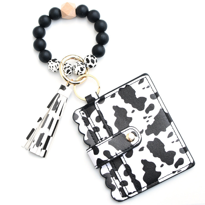 Fashion Leopard Silicone Beaded Keychain Bracelet with Tassel Wallet