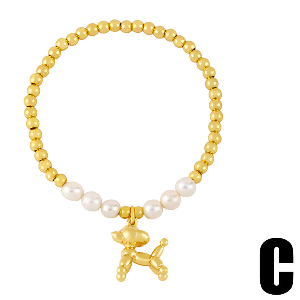 Creative Pearl Bracelet with Donut Cake and Balloon Dog Pendant Jewelry