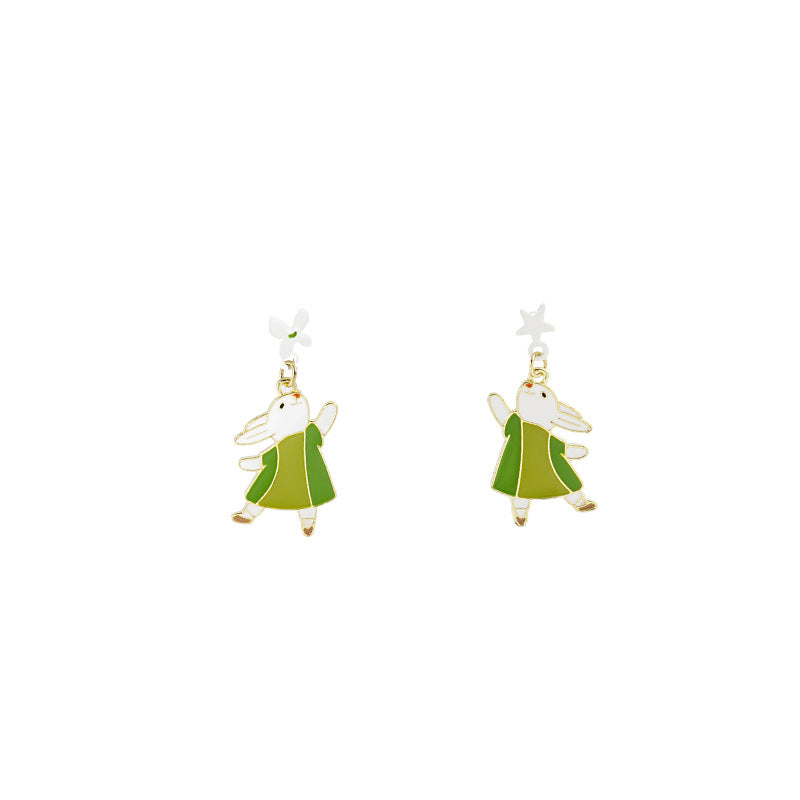 Cartoon Animal Enamel Pearl Drop Earrings with Bow and Flower Design