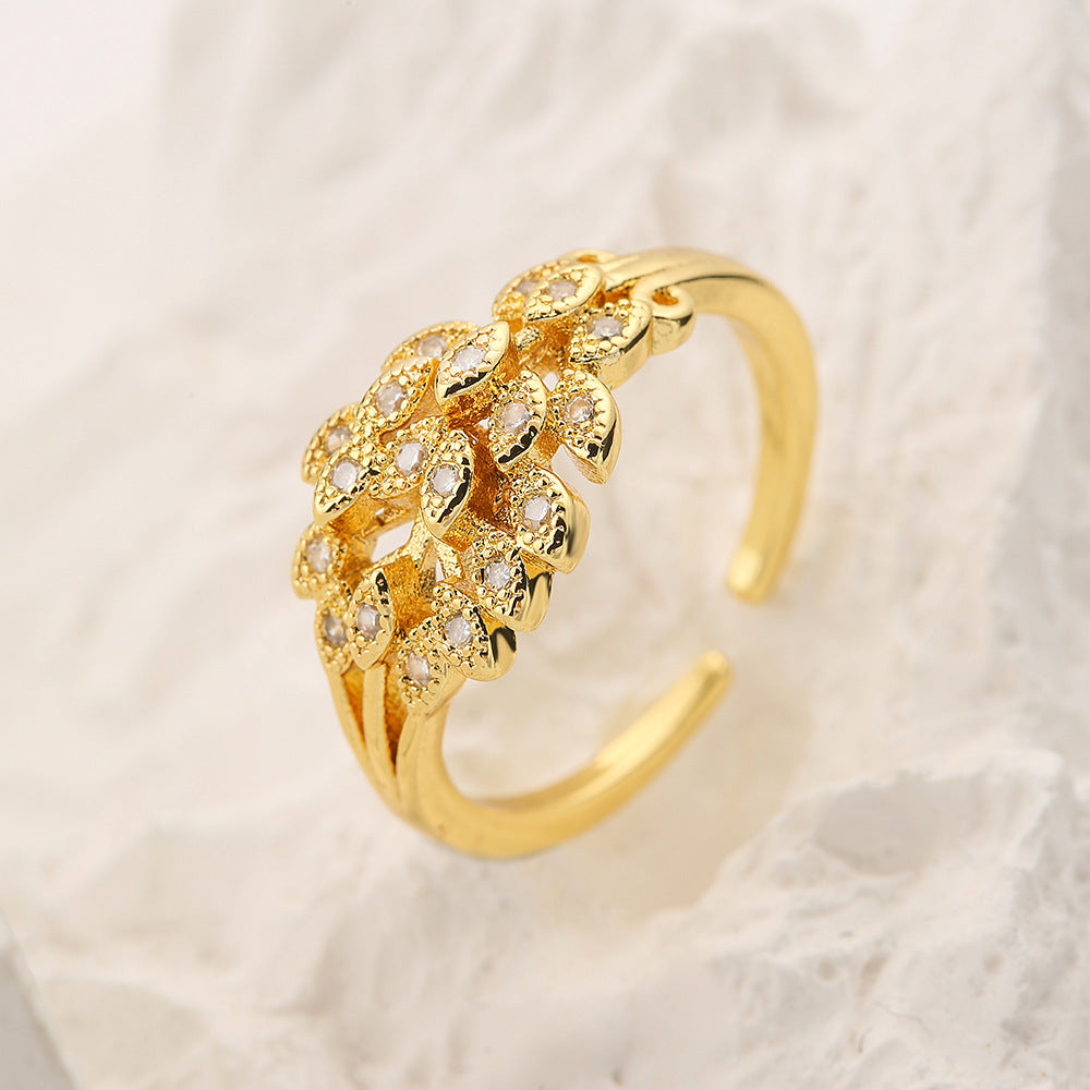 Minimalist Leaf Flower 18K Gold Plated Zircon Open Ring