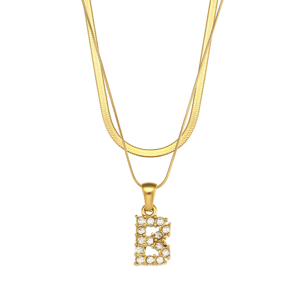 Fashion 18K Gold Plated Double-Layer Chain Zircon Letter Stainless Steel Necklace