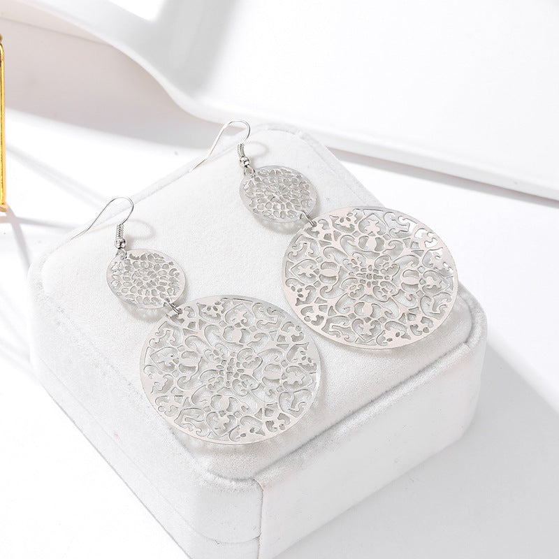 Vintage Geometric Carved Disc Drop Earrings