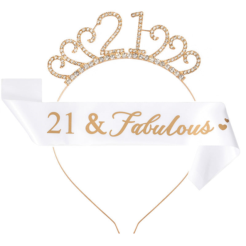 Fashion Rhinestone Number Crown Hairband and Sash Set for Birthday Party