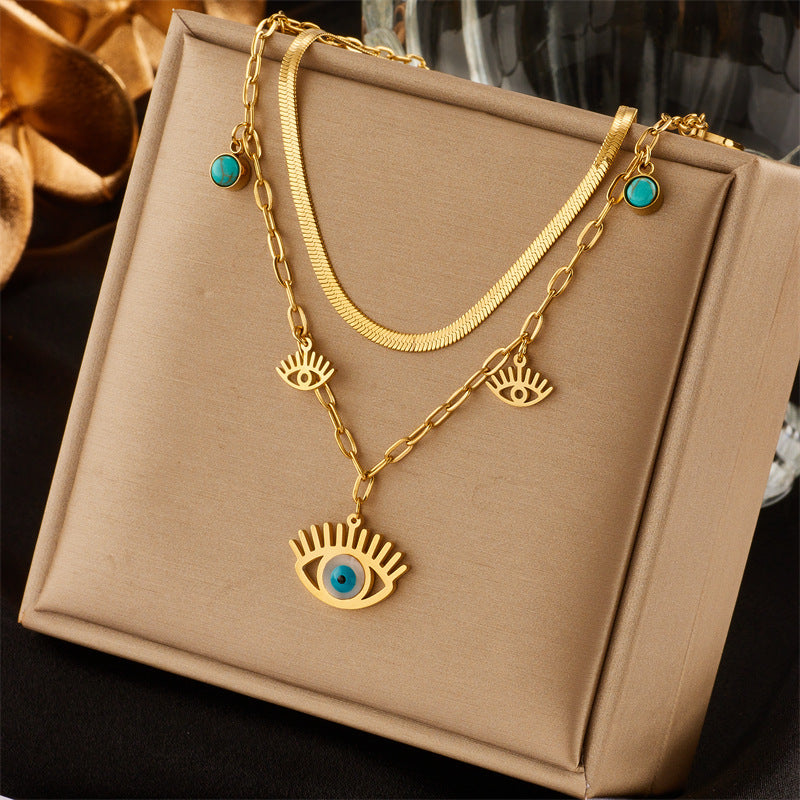 Retro Modern Style Eye Titanium Steel Plating Hollow Out Inlay Turquoise Zircon 18K Gold Plated Layered Necklaces