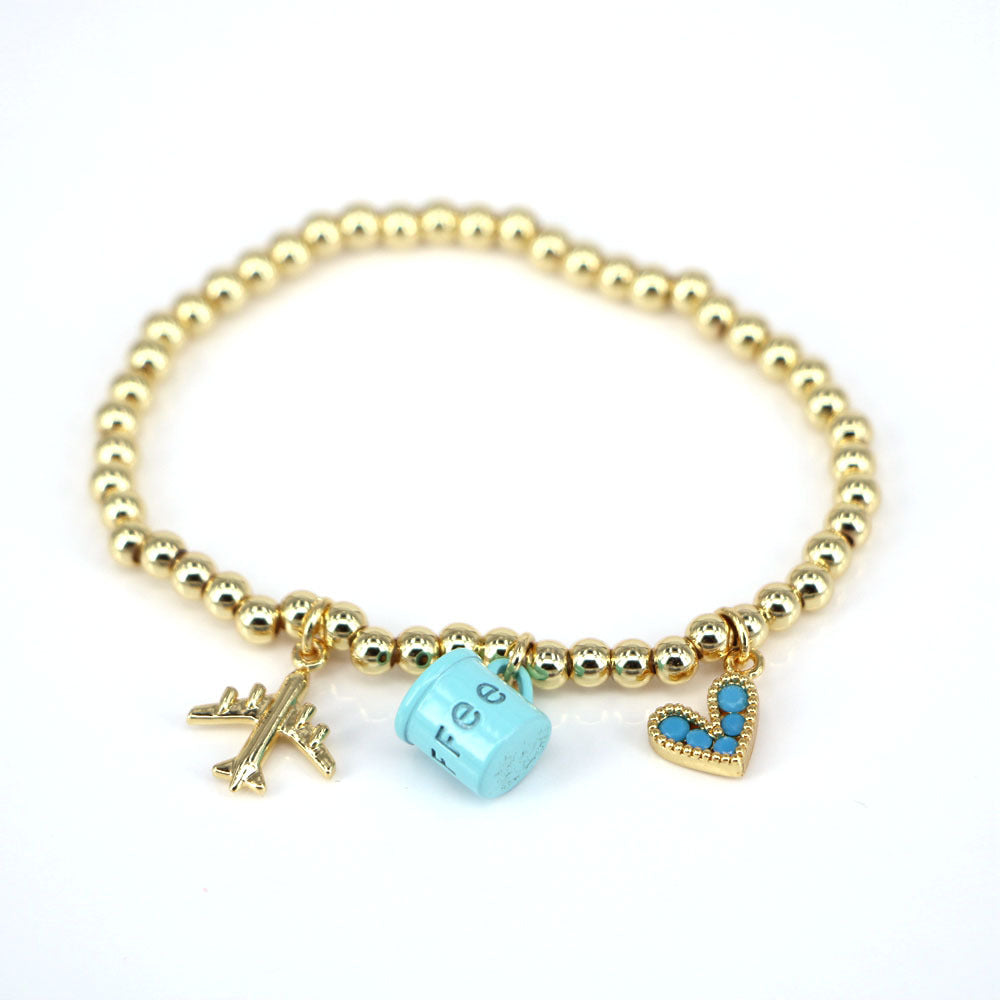 Creative Fun Coffee Cup Airplane Heart Pendant Bead Bracelet