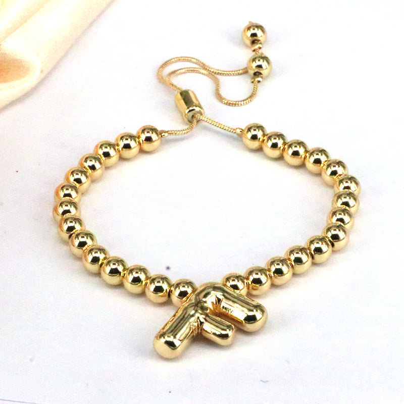 Copper Gold Plated Adjustable Initial Letter Beaded Bracelet for Women