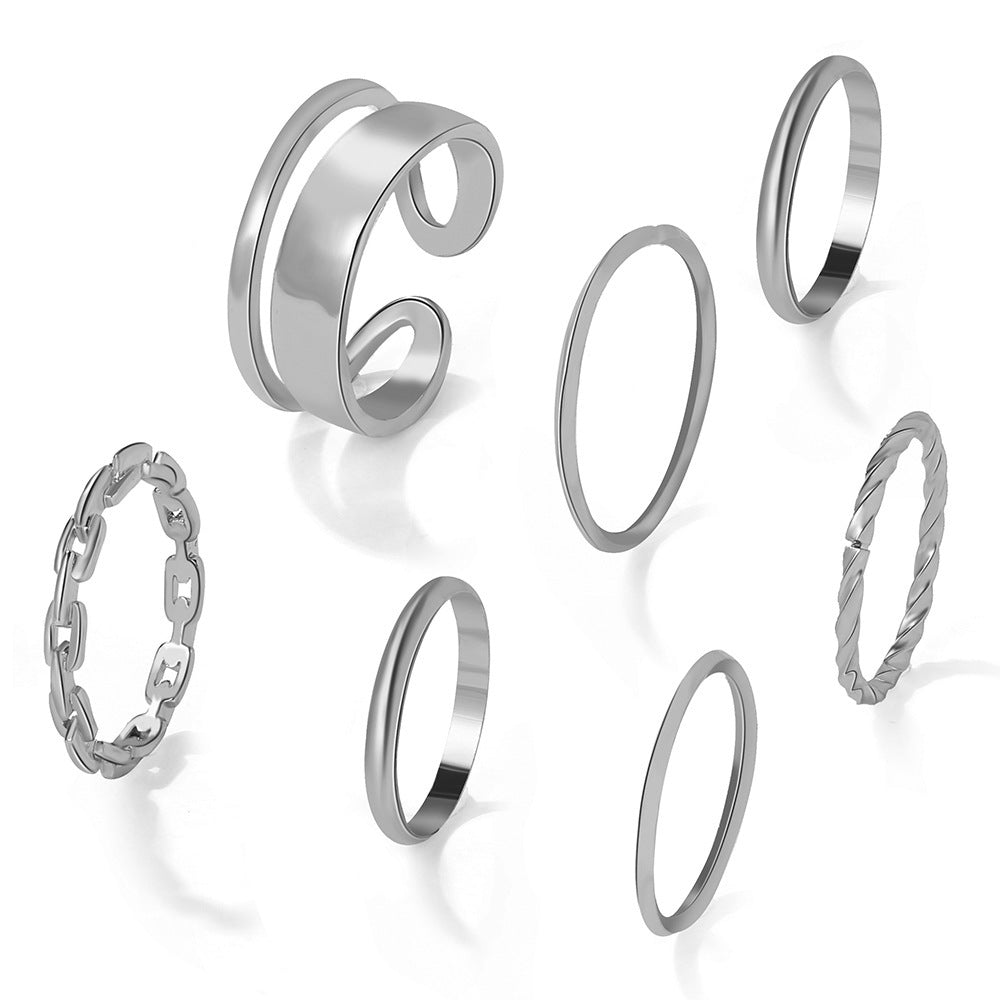 Simple Geometric Twist Chain Alloy Ring Set - 7 Pieces