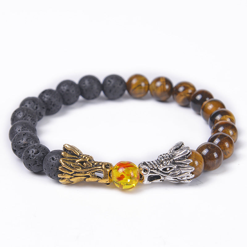 Classic Round Natural Stone Beaded Bracelet with Dragon Head and Matte Tiger Eye Beads