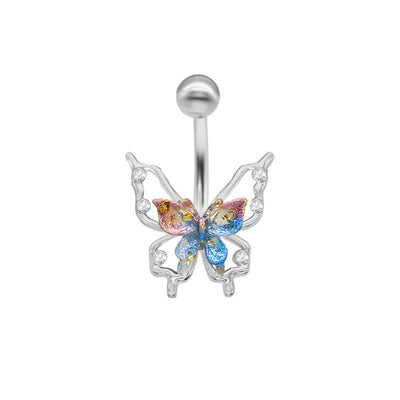 Elegant Tropical Butterfly Belly Ring - 316 Stainless Steel with Rhinestones