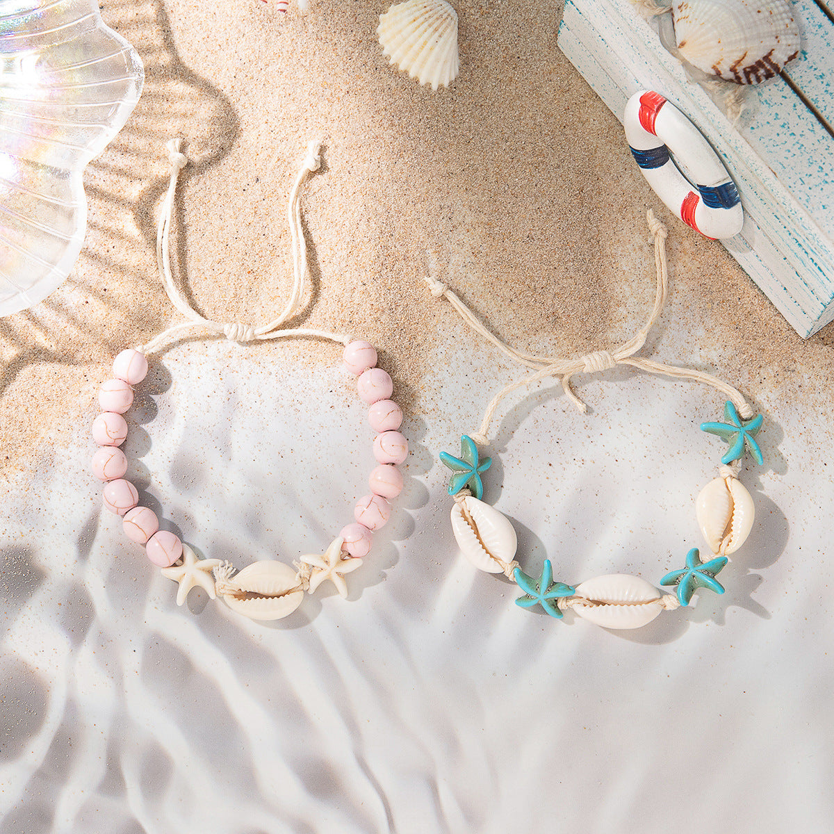 Casual Ocean Starfish Shell Adjustable Necklace and Bracelet Set