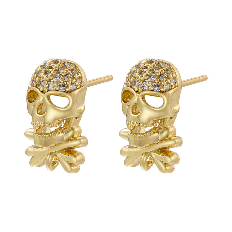 1 Pair Punk Skull Zircon Inlay 18k Gold Plated Ear Studs