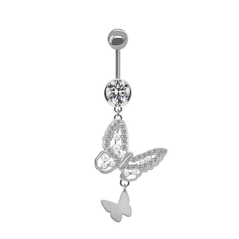 Elegant Heart Floral Zircon Belly Button Ring with Rhinestones and Gold Plating