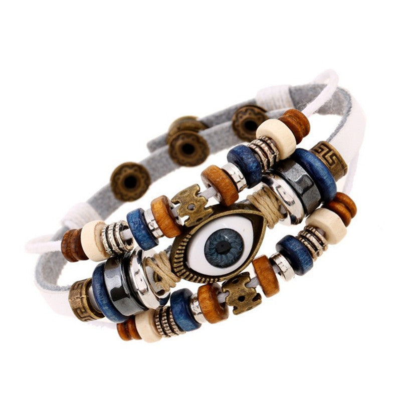 Retro Beaded Eye Leather Bracelet - Adjustable Unisex Jewelry