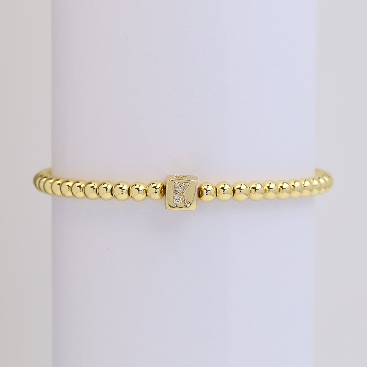 18k Gold Plated Copper Letter Zircon Beaded Stretch Bracelet