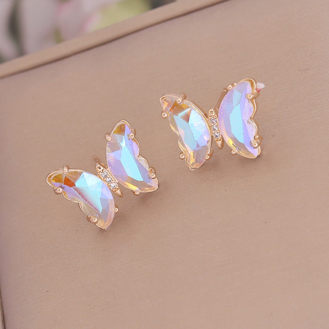 Fashion Iridescent Glass Butterfly Copper Earrings