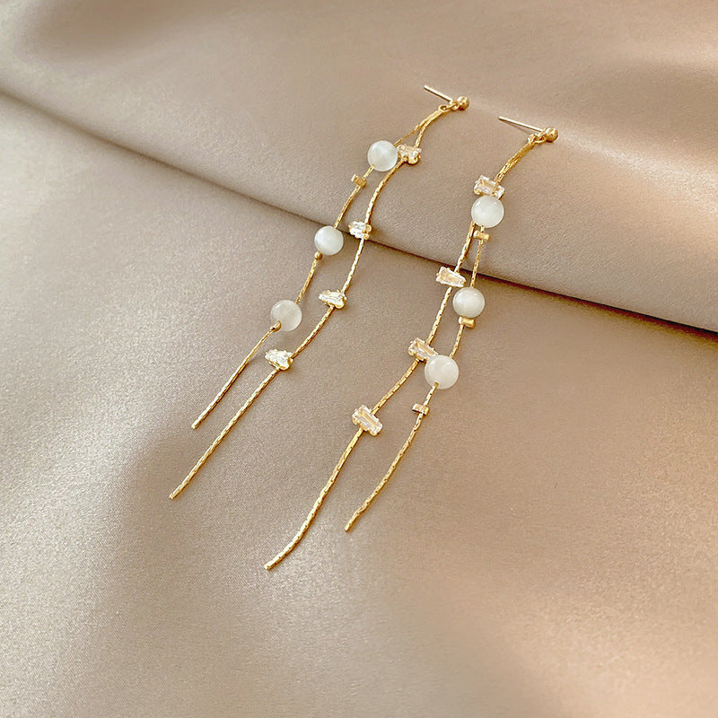 New Tassel Diamond-studded Butterfly Flower Pearl Fashion Long Thin Alloy Earrings