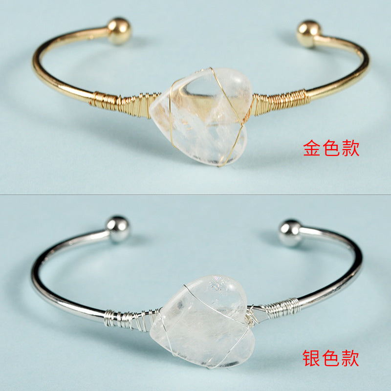 Simple Heart Crystal Bangle with Gemstone Beads Bracelet