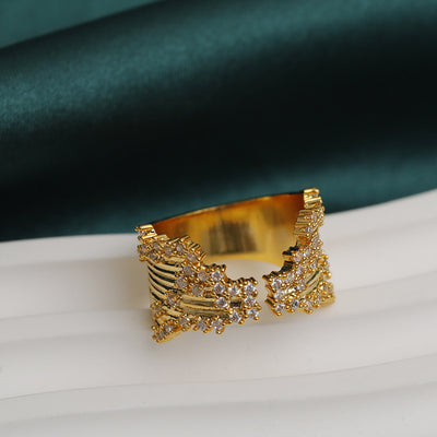 Copper 18K Gold Plated Irregular Zircon Open Ring with Crown Castle Design