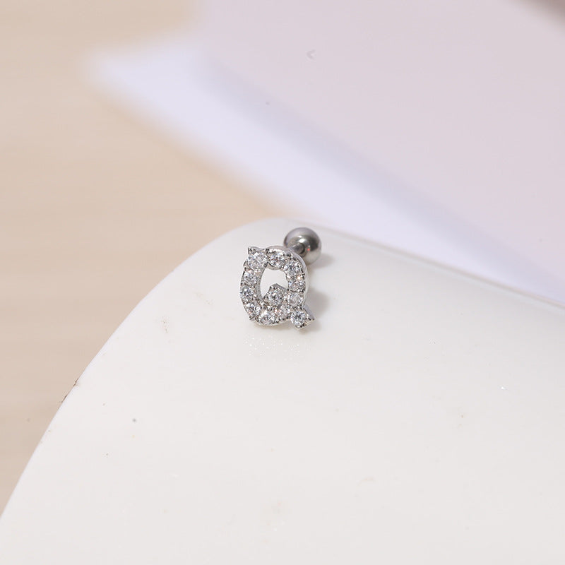 IG Style Shiny Letter Zircon Inlay Stainless Steel Cartilage Stud Earrings with Threaded Screw Closure