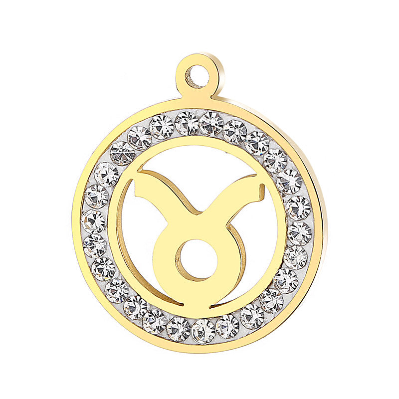 Classic Stainless Steel Zodiac Constellation Pendant Necklace with Rhinestone Inlay