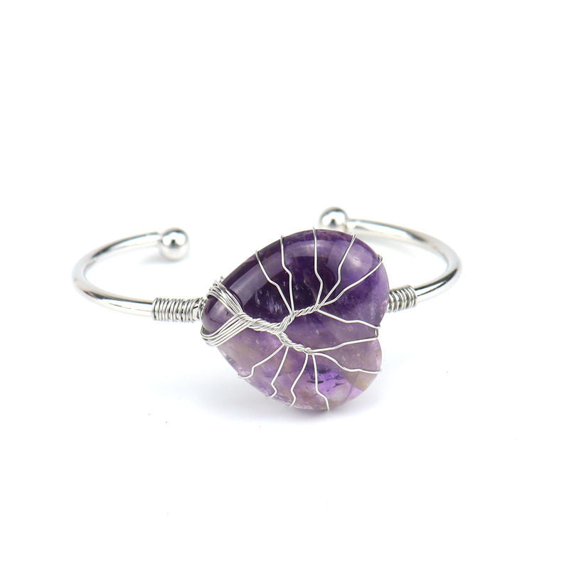 Fashion U-Shape Heart Crystal Metal Bangle with Amethyst Stone Bracelet