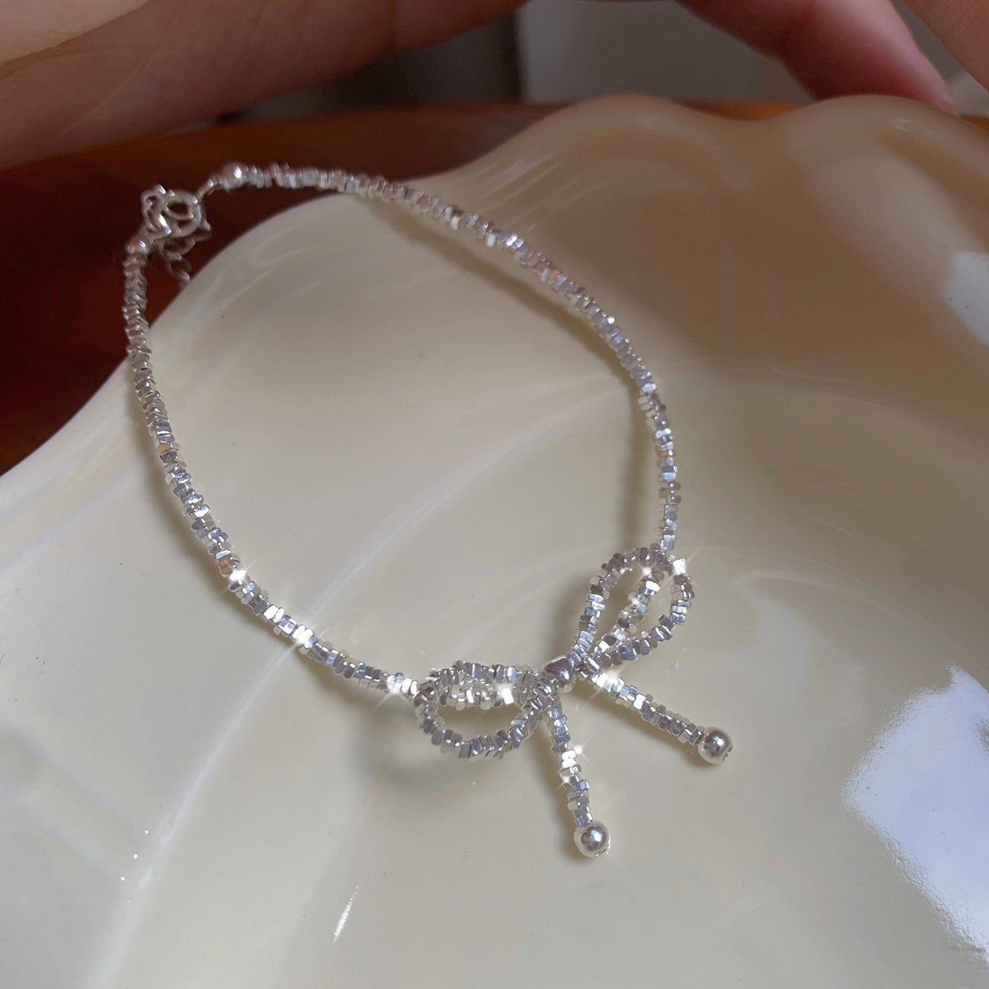 S925 Sterling Silver Bow Knot Bracelet Women's Sparkling Korean Design