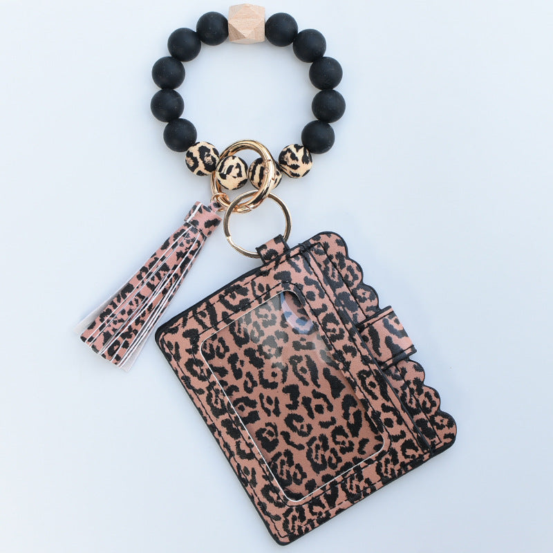 Fashion Leopard Silicone Beaded Keychain Bracelet with Tassel Wallet