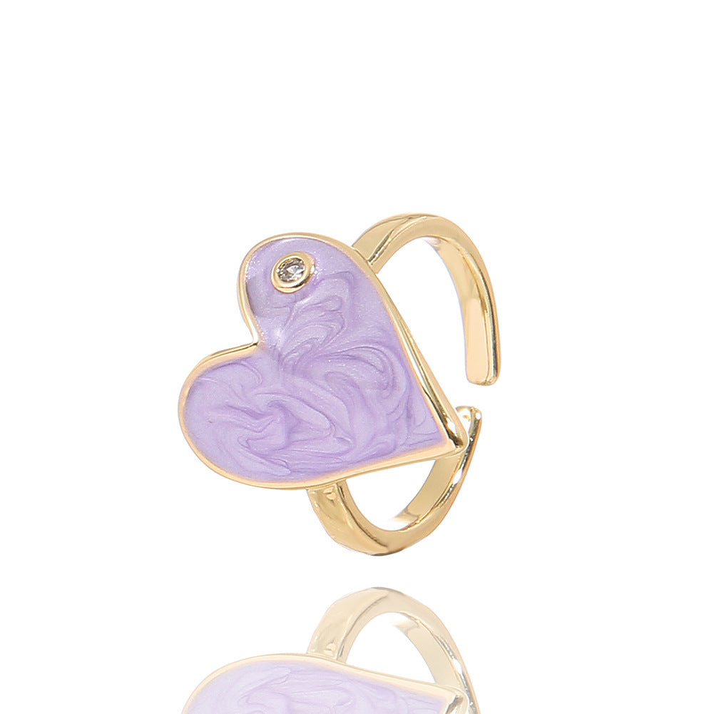 Fashion Heart Shape Adjustable Copper Enamel Zircon Ring