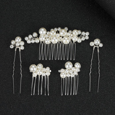 Geometric Alloy Pearl Bridal Hair Accessory Set - 3 Combs & 2 Hair Forks