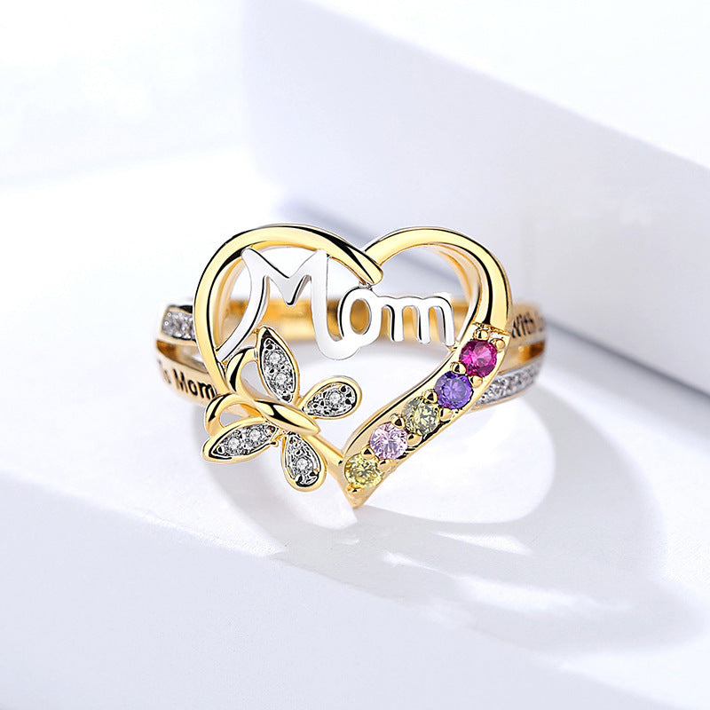 MAMA Heart Shaped Rhinestone Mother's Day Ring with Butterfly Design