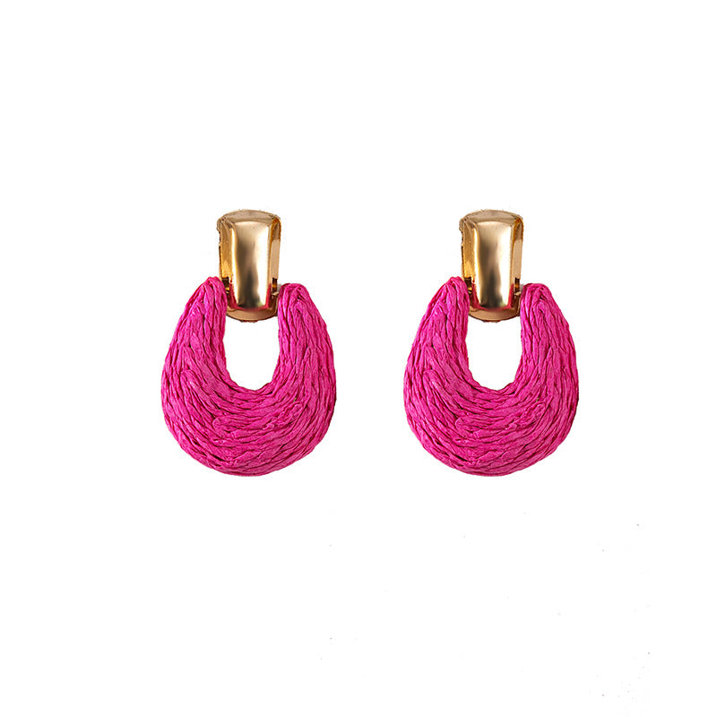 Retro Geometric Raffia Woven Drop Earrings