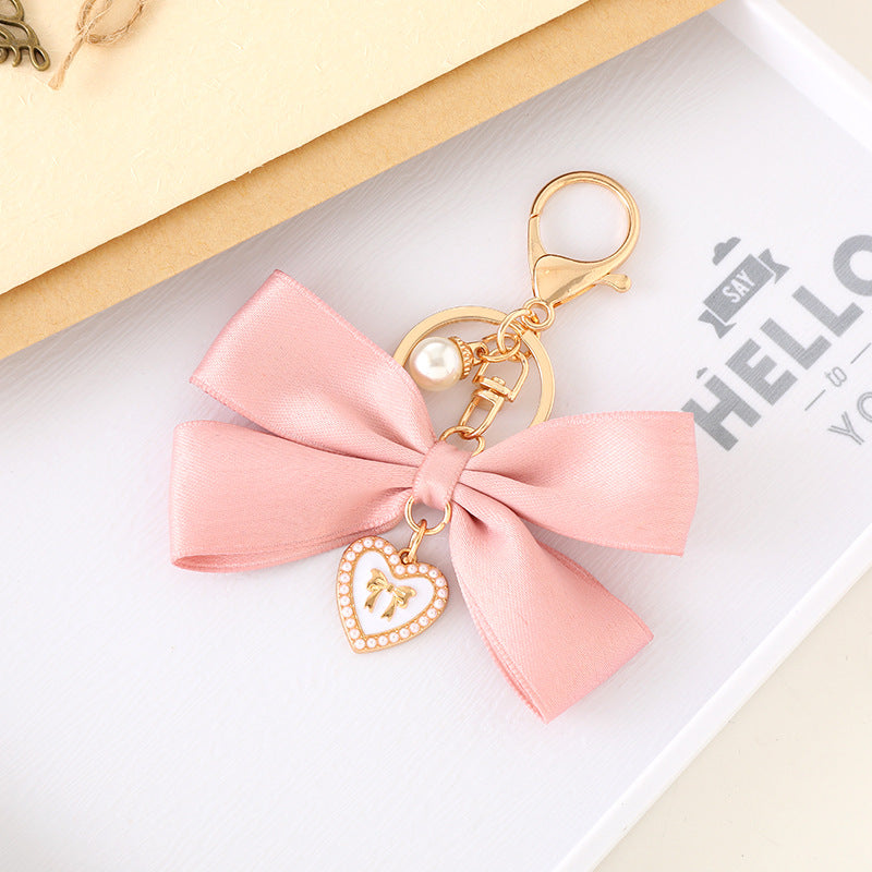 Sweet Heart Bow Knot Fabric Pendant Keychain for Women