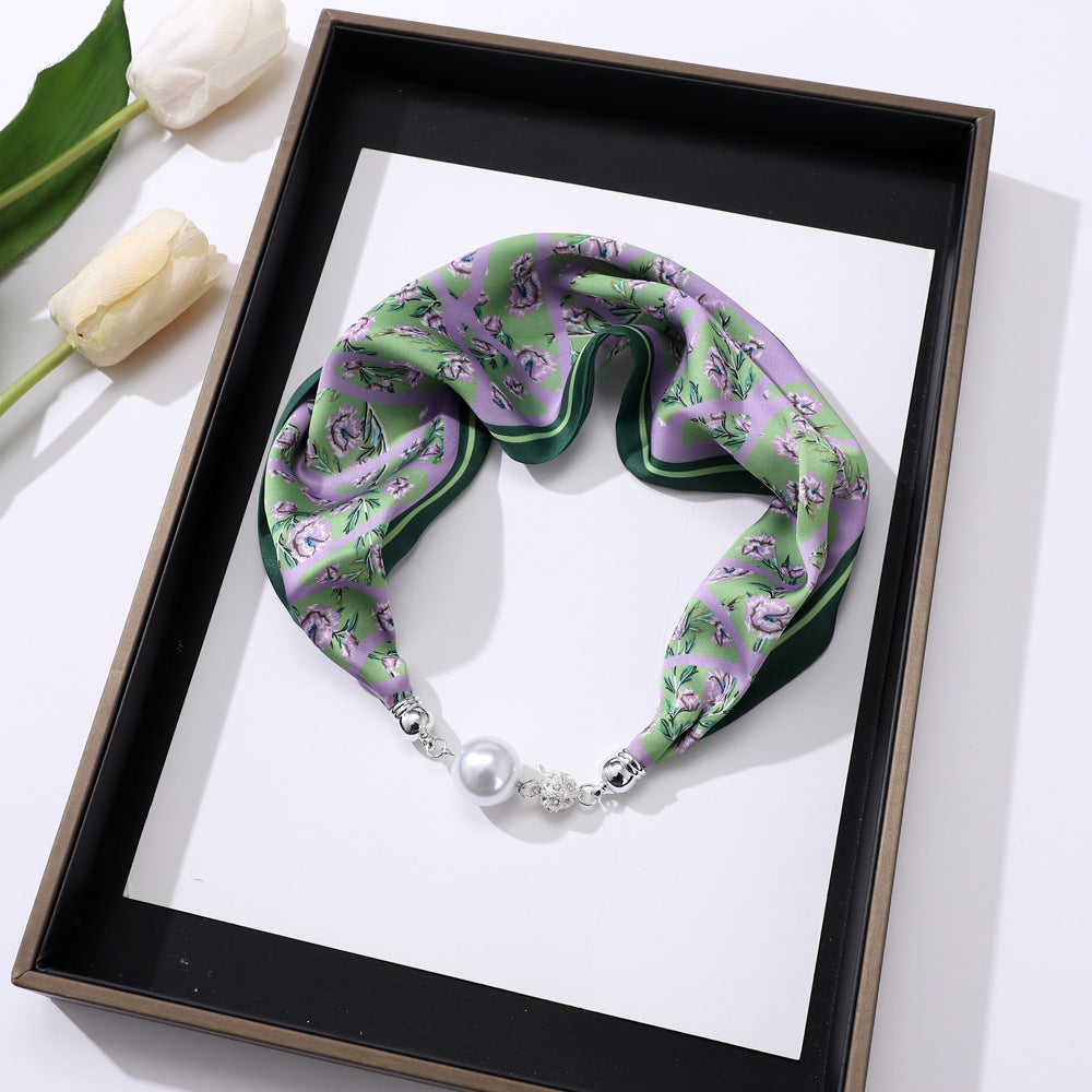 Women's Elegant Silk Print Scarf with Magnetic Letter Design