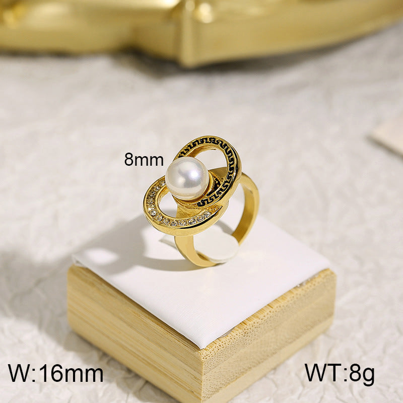 Elegant Retro Geometric Titanium Steel Pearl Rhinestone 18K Gold Plated Rings