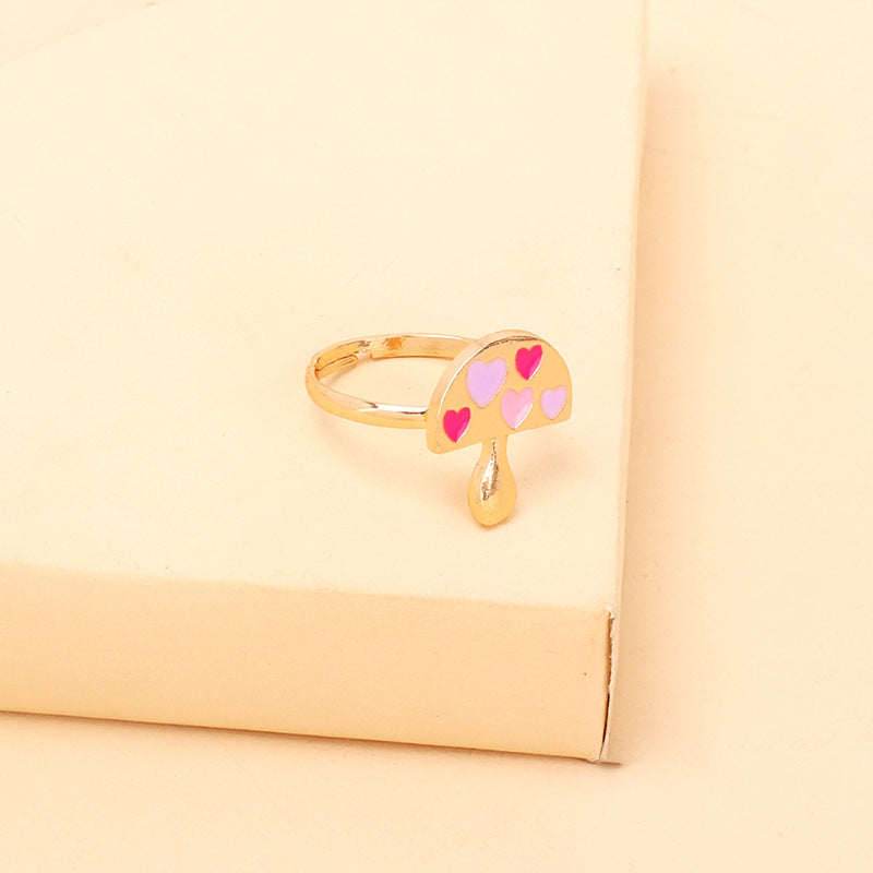 Cute Cartoon Enamel Ring Set with Flower and Mushroom Design