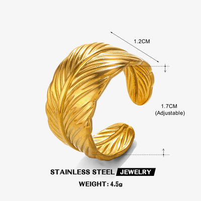 18K Gold Plated Stainless Steel Adjustable Feather Ring