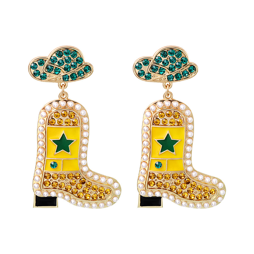 Western Cowboy Hat & Boot Rhinestone Pearl Drop Earrings for Women