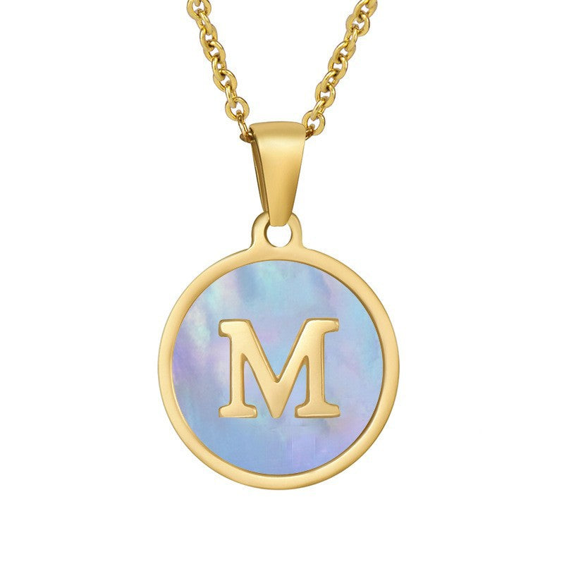 Titanium Steel Blue Shell Initial Pendant Necklace