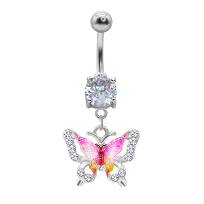 Elegant Moon & Butterfly Belly Ring - 316 Stainless Steel with Zircon Rhinestones