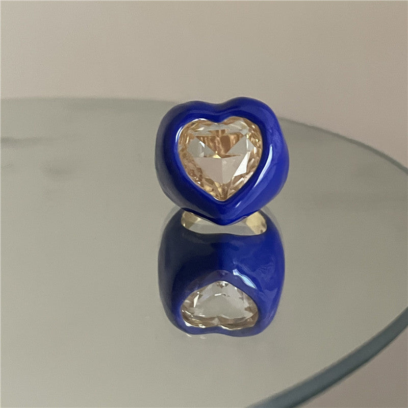 Colorful Enamel Heart-shaped Gemstone Ring - Bold Fashion Design