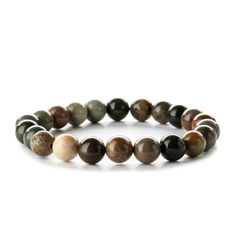 Retro Classic Round Wood Agate Beaded Bracelet with 8mm Tiger Eye and Rainbow Beads