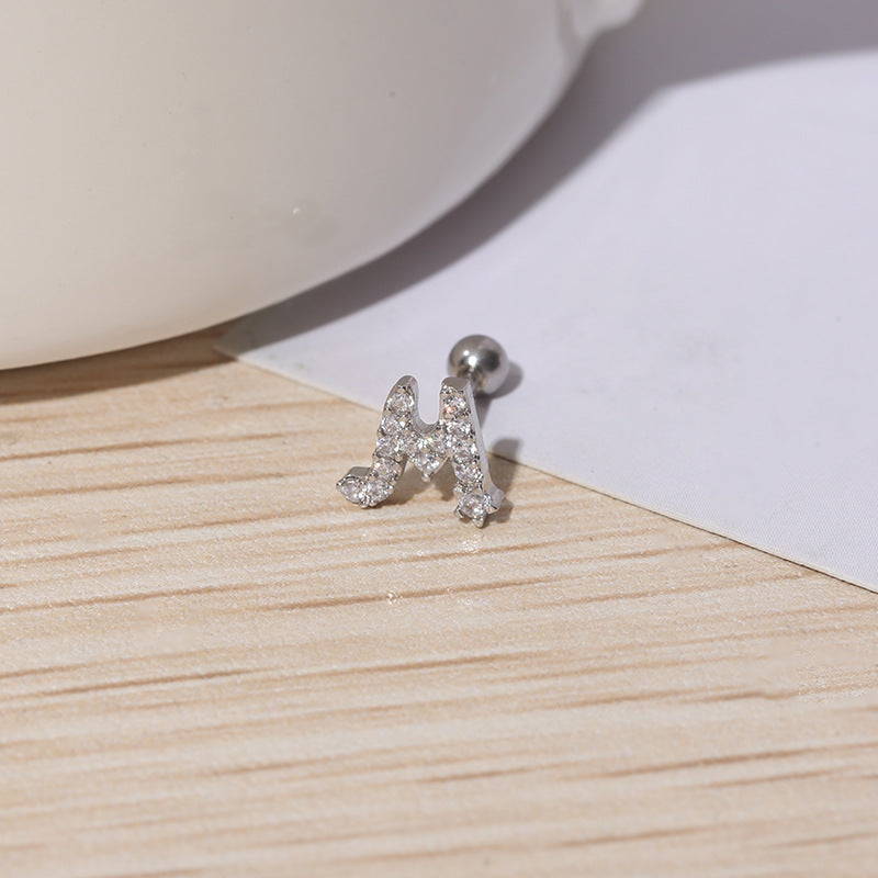 IG Style Shiny Letter Zircon Inlay Stainless Steel Cartilage Stud Earrings with Threaded Screw Closure